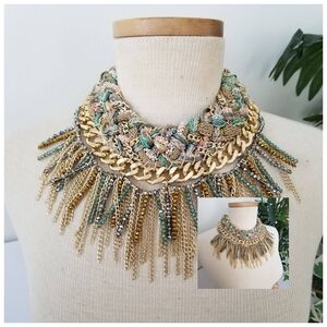 Green and Gold Statement Necklace with Fringe